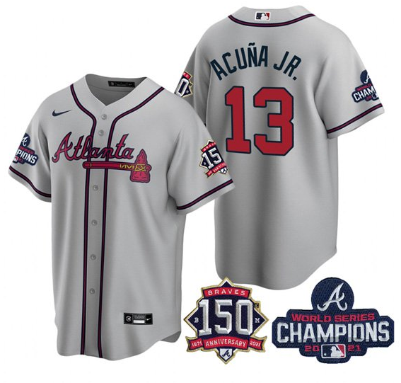 Men's Atlanta Braves #13 Ronald Acuña Jr. 2021 Grey World Series Champions With 150th Anniversary Patch Cool Base Stitched Jersey